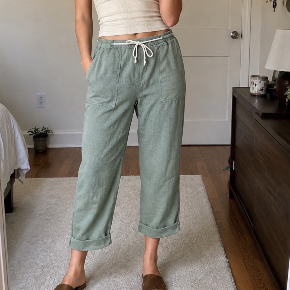 Calypso St Barth Sage Green Linen Wide Leg Rope Drawstring Pants S Preppy boho